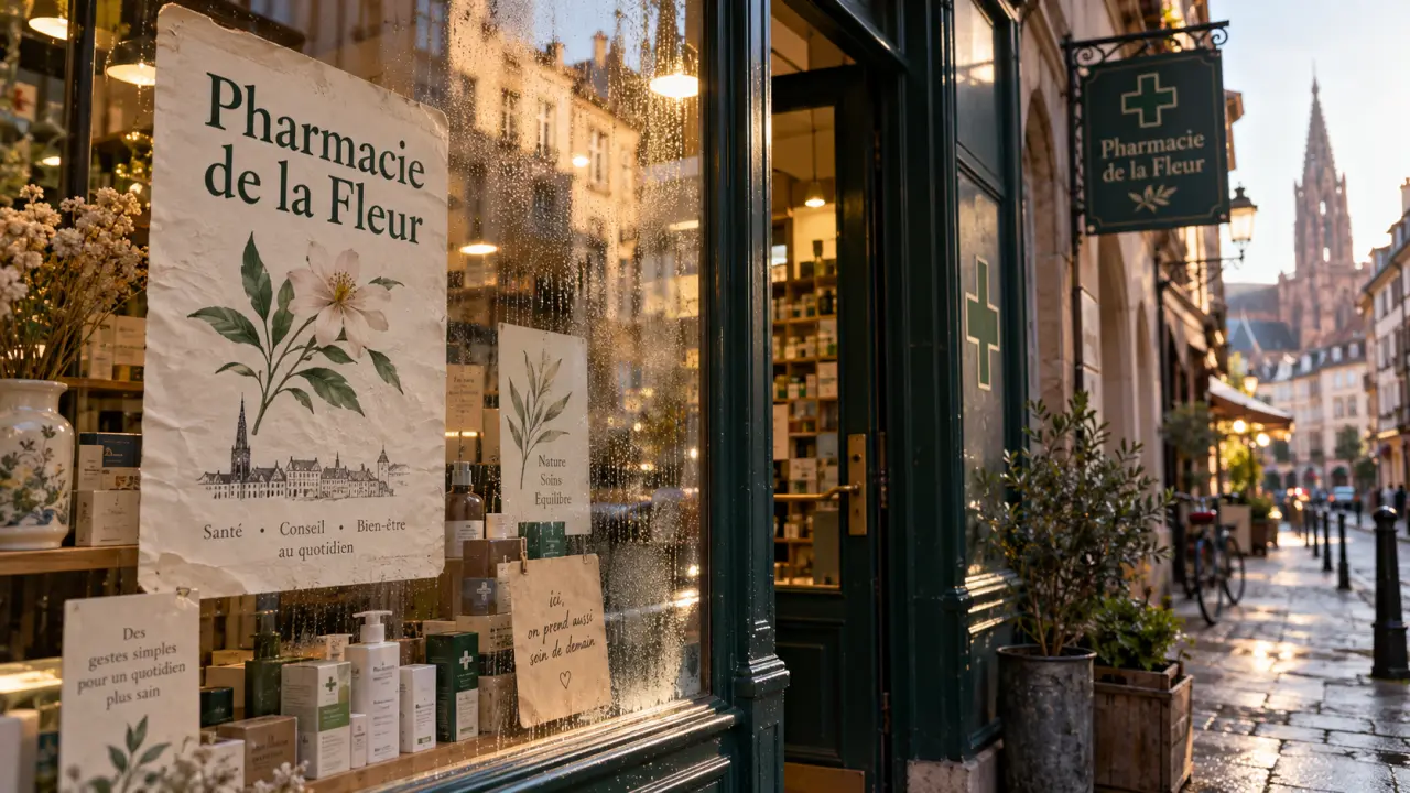Pharmacie de la fleur strasbourg : vitrine et entrée, horaires et soins sans rendez-vous